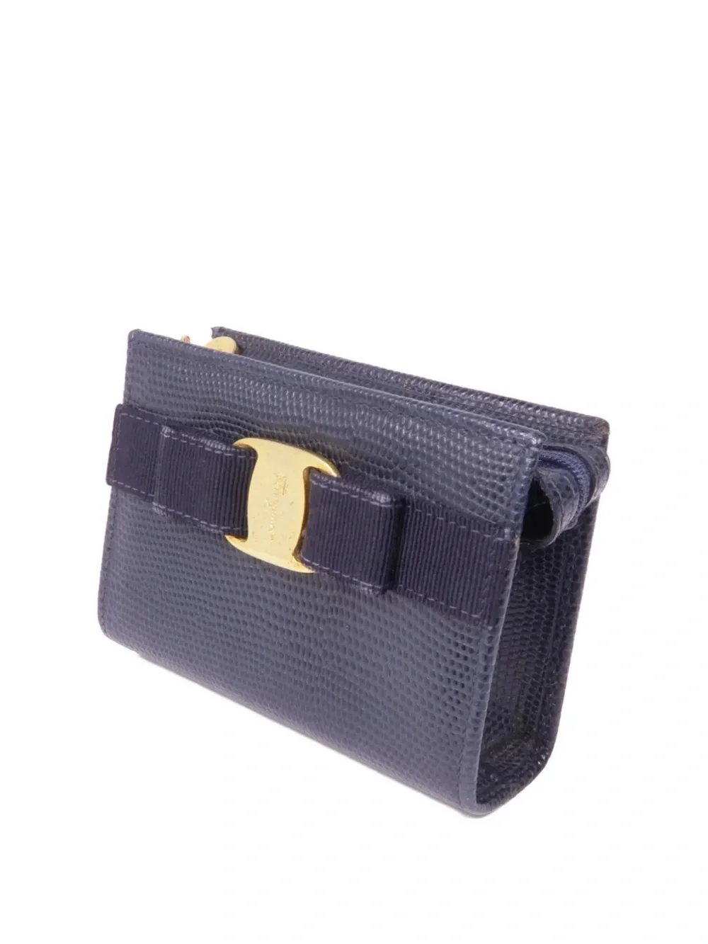 Salvatore Ferragamo Navy Vara Bow Leather Gold Accent Coin Purse w/Key Attchment